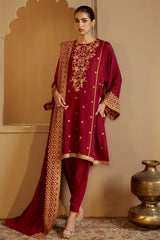 REGAL ROSEWOOD-3 PC LINEN EMBROIDERED SUIT