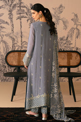 SMOKE BLUE-4 PIECE EMBROIDERED CHIFFON SUIT