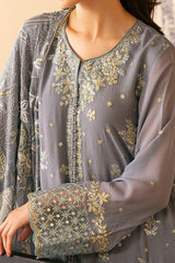 SMOKE BLUE-4 PIECE EMBROIDERED CHIFFON SUIT