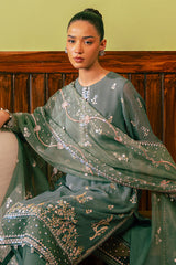 FERN GREEN-4 PIECE EMBROIDERED CHIFFON SUIT