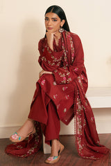 SYLVAN RED-3 PIECE EMBROIDERED CAMBRIC SUIT