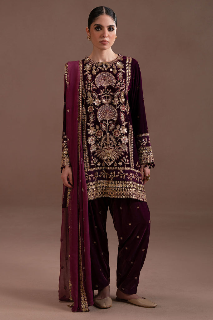 IMPERIAL MAGENTA- 4PC  VELVET EMBROIDERED SUIT
