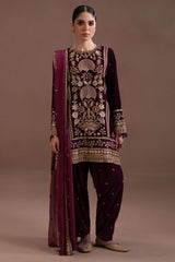 IMPERIAL MAGENTA- 4PC  VELVET EMBROIDERED SUIT