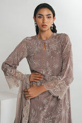 MOCHA DUNE-3PC EMBROIDERED CHIFFON SUIT