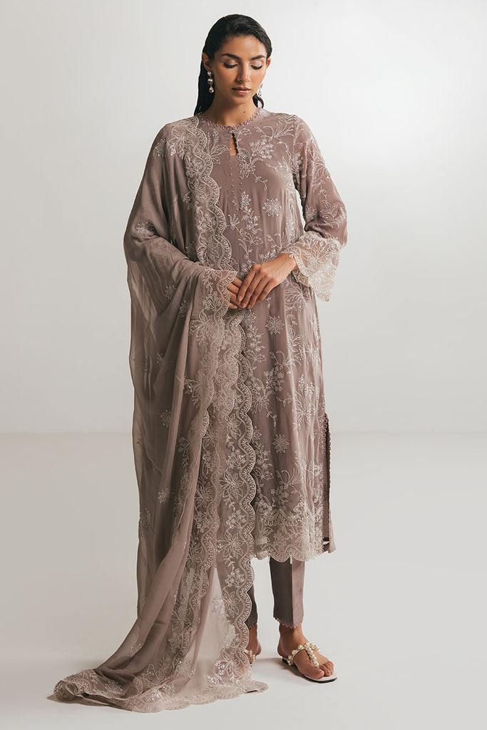 MOCHA DUNE-3PC EMBROIDERED CHIFFON SUIT