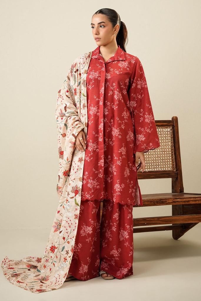 OCHRE SILK-3PC KHADDAR PRINTED SUIT