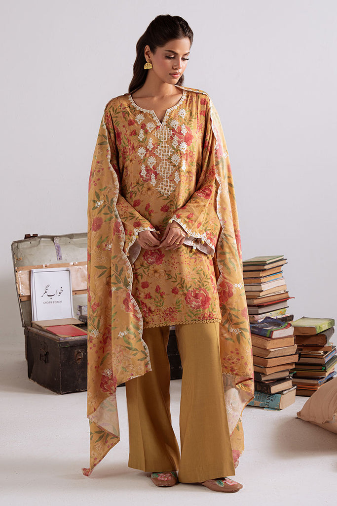 MUSTARD ORCHID-3PC LINEN PRINTED SUIT