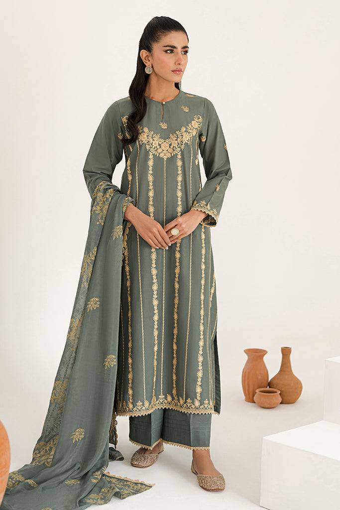 AURIC SAGE-3PC EMBROIDERED LAWN SUIT
