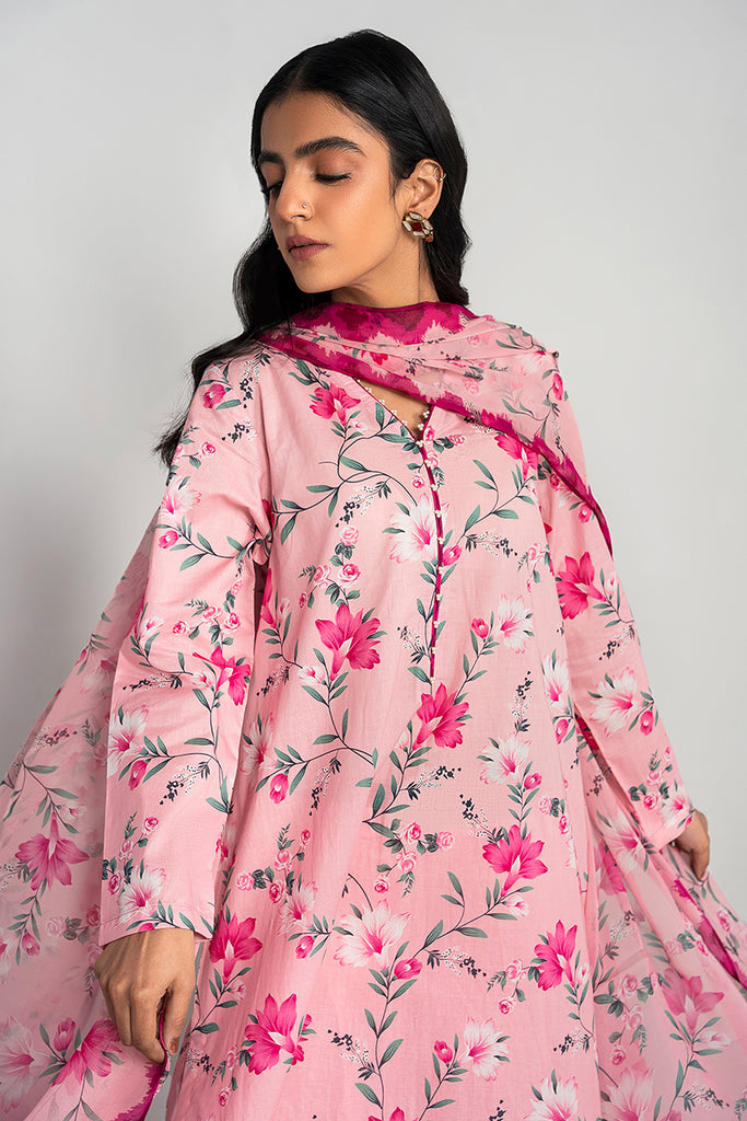 Crimson Charm: Allover Printed Lawn 3PC with Flowing Chiffon Dupatta